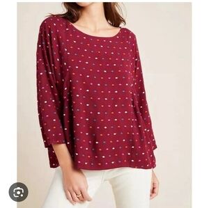 Anthropologie Maeve Polka Dott Embroidered Boho Blouse Medium Burgundy